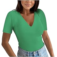 Womens Sexy Deep V Neck Ribbed Tops Fashion Puff Sleeve Tunic Shirts Summer Casual Slim Fit Solid Color Blouses