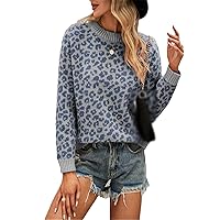 Autumn and Winter Leopard Print Knitted Pullover Fashion Casual Women's Loose Round Neck Pullover Long-Sleeved Sweater Gray S