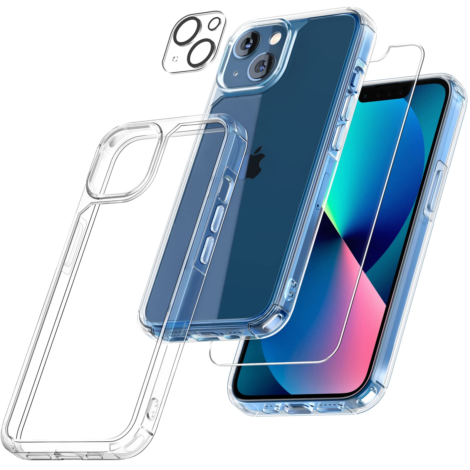 TAURI 5 in 1 Designed for iPhone 13 Case Clear, [Not-Yellowing] with 2X Tempered Glass Screen Protector + 2X Camera Lens Protector, [Military-Grade Drop Tested] Shockproof Slim Phone Case 6.1 inch