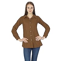 Casual Long Sleeves Boho Top for Women Shirt Collar Solid Summer Cotton Tunic Tops Brown