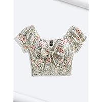 Womens Summer Tops Allover Floral Print Shirred Bow Front Frill Puff Sleeve Crop Blouse (Color : Multicolor, Size : X-Small)