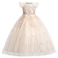 Flower Girls Lace Wedding Tulle Dress Pageant Shiny Embroidery Full Length Princess Communion Party Evening Ball Gown