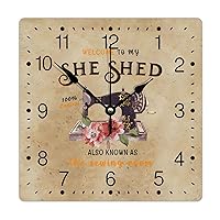 PVC Clock Welcome to My She Shed Large Wall Clock Sewing Machine Red Flower 12in Sewing Forever Battery Operated Mid Century Square Wall Clock for Home Office Kitchen Bedroom Living Room