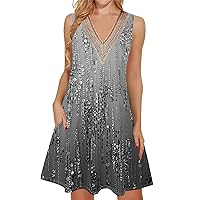 Summer Dresses for Women 2024 Trendy Lace V Neck Sleeveless Dressy Casual Sundress with Pocket Tank Dress Sales Today Clearance(3-Gray,Medium)