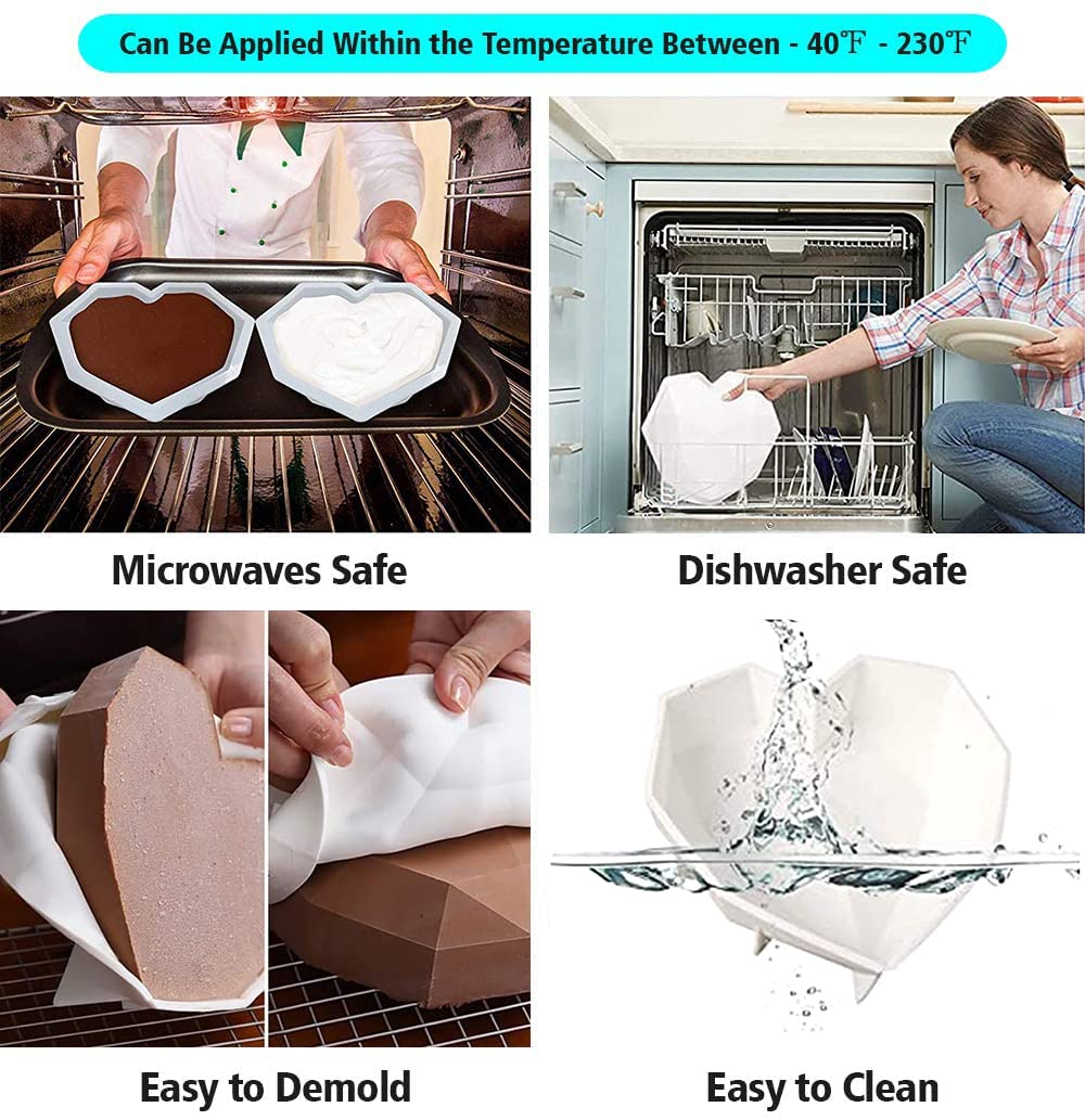 Diamond Heart Shaped Mousse Cake Mold Trays, 8.7 inch Silicone Dessert Baking Pan Safe Not Sticky Mould with 4 Pcs Wooden Hammers and 2 Chocolate Molds for Home Kitchen DIY Baking Tools