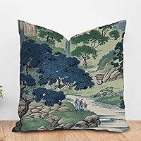 ArogGeld Blue and Green Scenic Chinoiserie Farmhouse Throw Pillow Cover Asian Dynasty Garden White Linen Cushion Cover Asian Scenic Chic Chinoiserie Toss Pillows for Sofa Living Room 20x20in