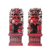 Feng Shui Chinese Beijing Foo Dogs Statues Pair Guardian Lions Statues Wealth Protection Figurine Decorations Home Decor Gifts (Dark red, M)