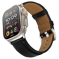 Compatible with Apple Watch Ultra 2/Ultra Band 49mm 45mm 44mm 42mm, Men Women Genuine Leather Band Replacement Strap for iWatch Band Series Ultra 2/1 SE 9 8 7 6 5 4 3 2 1, Black/Titanium