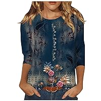 Vintage Floral Tops for Women 3/4 Sleeve Crewneck Summer Tshirts Blouse Fashion Loose Casual Vacation Tunic Shirt