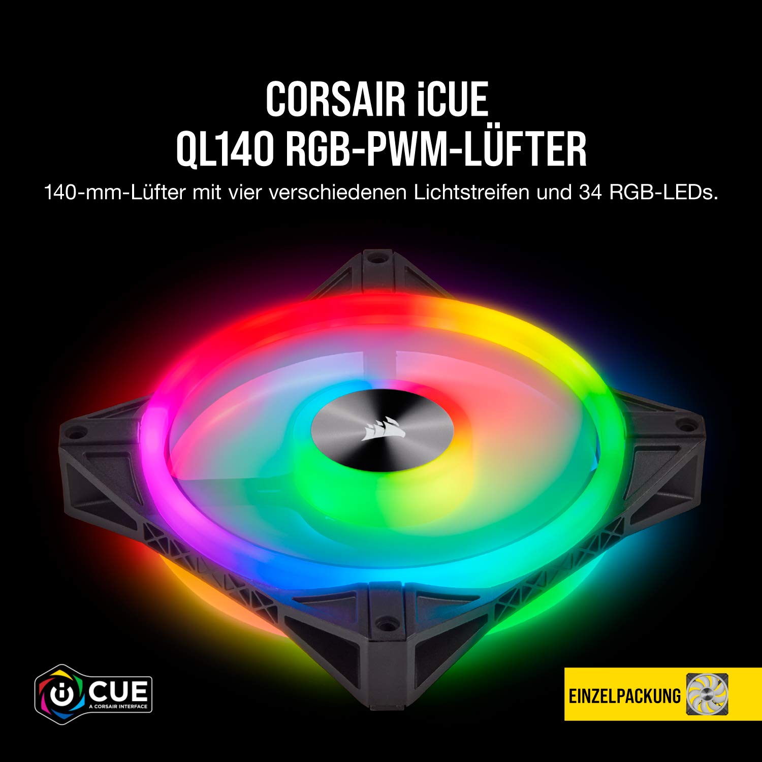 Corsair iCUE QL140 RGB, 140-mm-RGB-LED-PWM-Lüfter (34 Einzeln Ansteuerbare RGB-LEDs, Schwindigkeiten Bis zu 1,250 U/Min, Geräuscharm) Einzelpackung, Komaptibel mit Desktop - schwarz