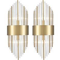 Crystal Wall Sconces Set of Two Gold Sconces Wall Lighting Mid Century Modern 2-Light Brass Glass Wall Light Fixtures for Bathroom Hallway Bedroom