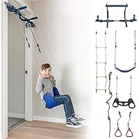 Gym1 6-Piece Doorway Swing Set Includes Sensory Swing for Kids, Indoor Pull Up Bar for Adults, Rings, Hanging Trapeze, Ladder & Knotted Rope, Holds Up to 300 Lbs