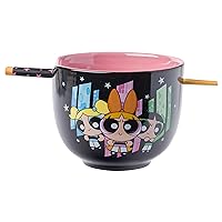 Silver Buffalo The Powerpuff Girls Featuring Blossom, Bubbles, and Buttercup Ceramic Ramen Noodle Rice Bowl with Chopsticks, Microwave Safe, 20 Ounces