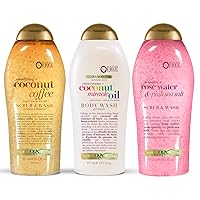 OGX Extra Creamy + Coconut Miracle Oil Ultra Moisture Body Wash & Pink Sea Salt & Rosewater Gentle Soothing Body Scrub, Light Exfoliating Body Wash & Coffee Scrub and Wash