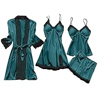 Women Sexy Pajamas Set Silk Satin Lace Trim Sleepwear Cami Robe Shorts Summer Spring Pj Sets 4 Piece Lingerie Outfit