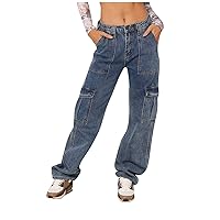 Women's Wide Leg Jeans Straight Loose Pants Cargo Multi Pocket Jeans Casual High Waisted Pants, S-XL