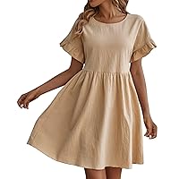 Womens Summer Short Sleeve Mini Dress Casual Loose Crew Neck Sundress Swing Flowy Beach Dress Pleated Dresses with Pocket