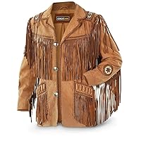 Men's Traditional Cowboy Western Leather Jacket Coat with Fringe Native American Jacket Suede Beaded-XL Brown