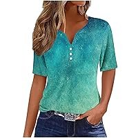 Women's Casual Gradient Print Henley T Shirt Summer Short Sleeve Tops V Neck Button Up Blouse Loose Fit Tunic