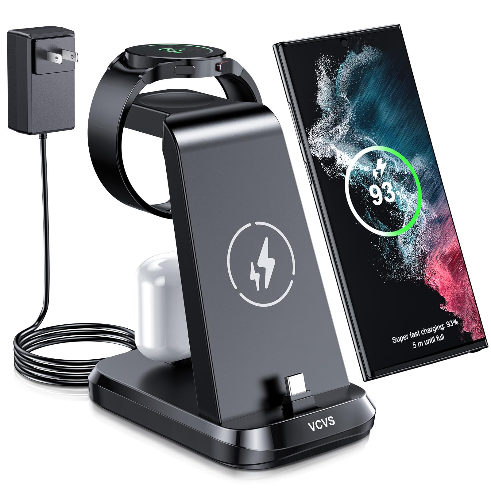 36W USB C Super Fast Charging Station for Samsung Phones, iPhone 15/Pro/Max, Android Phones, VCVS 3 in 1 Wireless Charger for Samsung Galaxy Watch 6/5/4/3, USB-C Earbuds