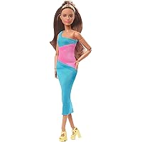 Looks Doll with Brown Hair Dressed in One-Shoulder Pink and Blue Midi Dress, Posable Made to Move Body