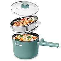 Topwit Hot Pot Electric with Steamer, 1.5L Ramen Cooker, Non-Stick Frying Pan, Electric Pot for Pasta, BPA Free, Electric Cooker with Dual Power Control, Over-Heating & Boil Dry Protection, Green