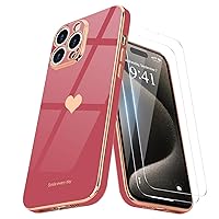 Teageo for iPhone 15 Pro Case with Screen Protector [2 Pack] Girl Women Cute Girly Love-Heart Luxury Gold Soft Cover Camera Protection Silicone Shockproof Phone Case for iPhone 15 Pro, Bright Blush
