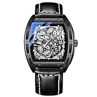 Tiong Men's Watch, Tonneau Watch with Leather Strap, Luminous Waterproof Quartz Watch with Calendar Dial