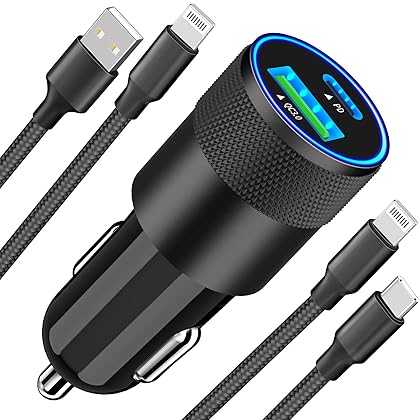 [Apple MFi Certified] iPhone Car Charger Fast Charging, Braveridge 48W Dual USB-C PD/QC3.0 Power Car Charge Adapter + 2Pack Lightning Cable Quick Car Charging for iPhone 14 13 12 11 Pro/XS/XR/X/8/iPad