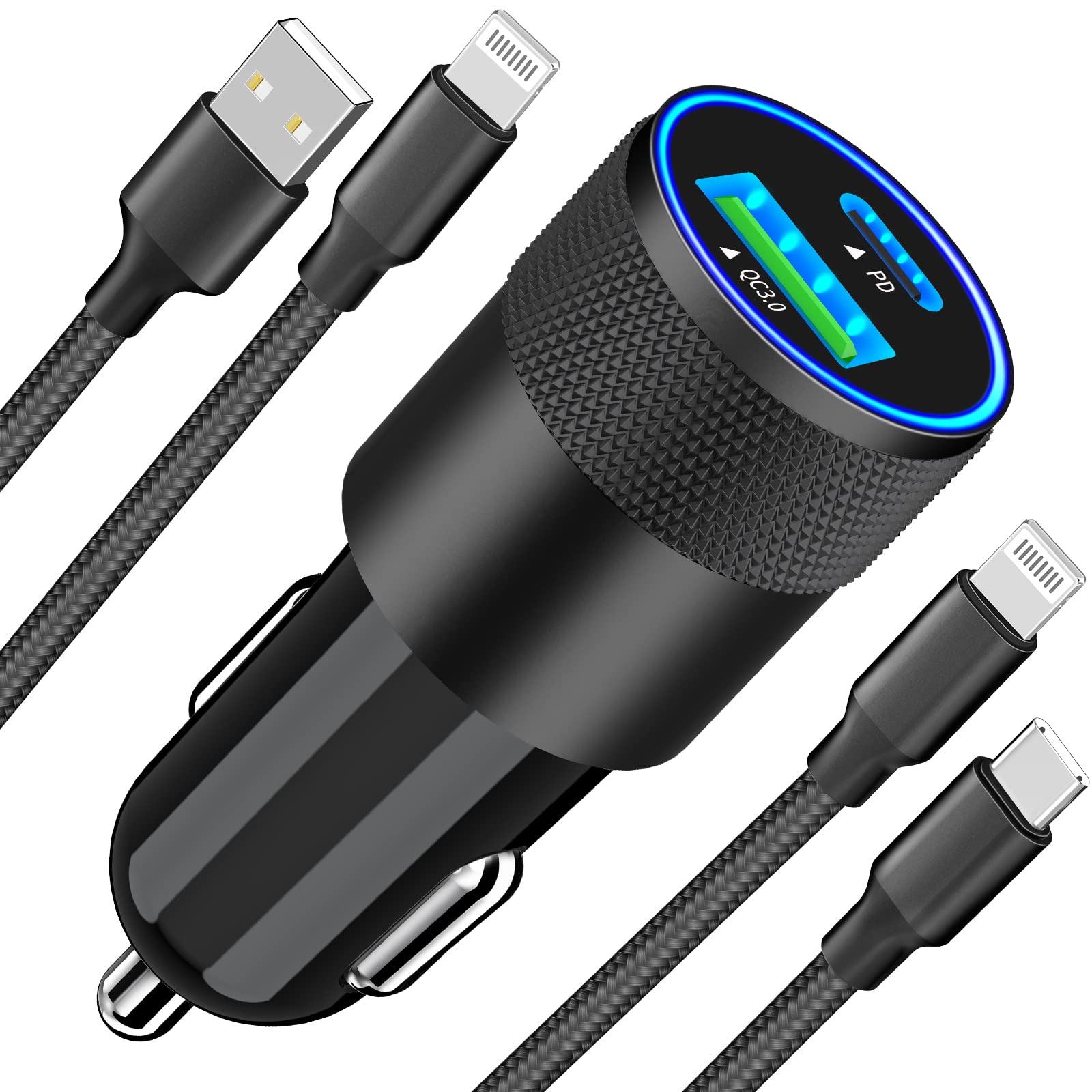 [Apple MFi Certified] iPhone Car Charger Fast Charging, Braveridge 48W Dual USB-C PD/QC3.0 Power Car Charge Adapter + 2Pack Lightning Cable Quick Car Charging for iPhone 14 13 12 11 Pro/XS/XR/X/8/iPad