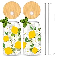 Lemon Daisy Glasses Cup with Bamboo Lids and Straw 16oz Summer Ice Coffee Cup Beer Can Glasses for Cocktails Whiskey Beer Soda Gifts, 2Pcs