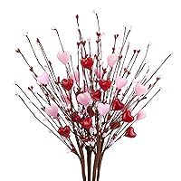 6 Pcs Valentine’s Day Picks Artificial Red Berry Flower Stems with Pink Hearts for Valentine’s Day Wedding Home Vase Decor, 23.6