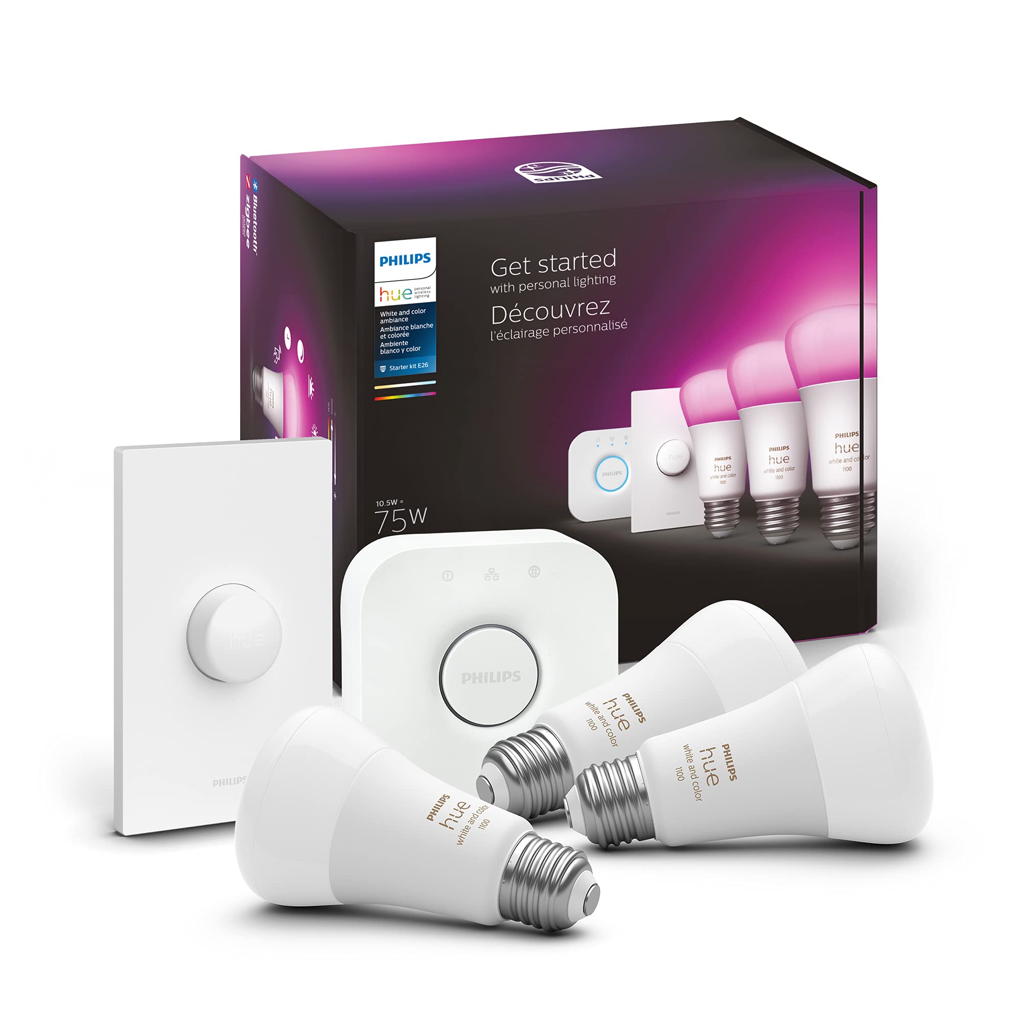 Philips Hue White and Color Ambiance Starter Kit, Includes (3) 75W A19 Hue Smart Bulbs with 1 Hue Bridge and 1 Hue Smart Button, Works with Amazon Alexa, Apple HomeKit and Google Assistant