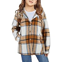 Girls Flannel Plaid Button Down Top with Pockets Long Sleeve Hooded Jackets Length Below Hip Circumference