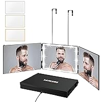 Vanexiss Rechargeable 3 Way Mirror for Hair Cutting, Real Glass Adjustable Trifold Mirror with 3 Color Temps LED Light & Telescoping Hooks for Makeup, Shaving & Styling