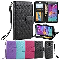 for Samsung Galaxy Note 4 Premium Magnetic Flip Diamond Quilted Pattern TPU Leather Wallet Stand ID Holder Credit Card Case Cover w Strap View Window (Black)