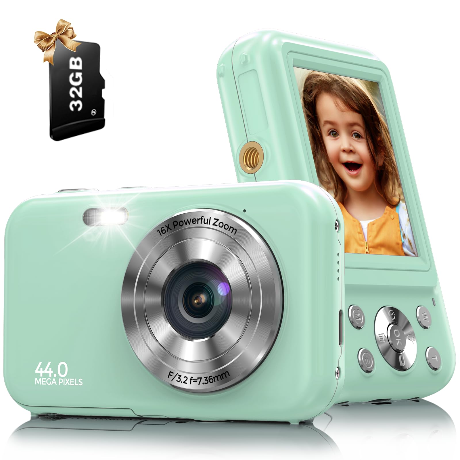 Digital Camera, FHD 1080P 44MP Kids Camera for Photography with 32GB Card, 16X Zoom Point and Shoot Digital Camera with Fill Light, Anti-Shake Compact Small Camera for Teens Boys Girls (Green)