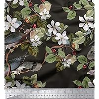 Soimoi 180 GSM 60 Inches Wide Bird and Floral Print 2-Way Stretch Velvet Fabric by The Yard-Black