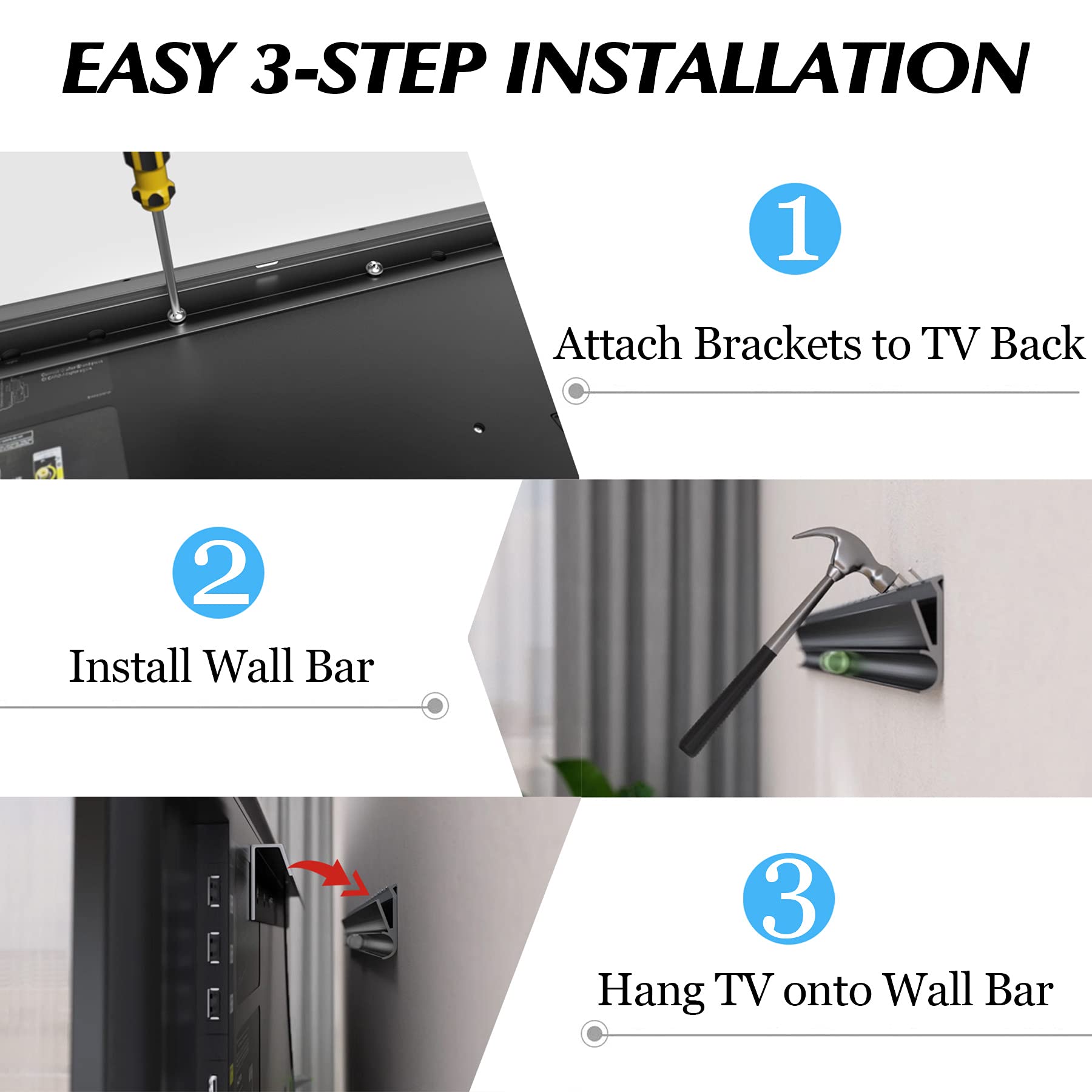 No Stud TV Wall Mount, Drywall Studless TV Hanger No Damage, No Drill, Non Screws, Flat Screen Easy Install Bar Bracket fits VESA 12-55 inch TVs up to 99 lbs, Include Hardware Levels