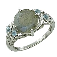 Labradorite Round Shape 10MM Natural Non-Treated Gemstone 10K White Gold Ring Gift Jewelry for Women & Men