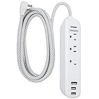 Philips 3 Outlet Surge Protector Power Strip with 3 USB Ports, 6 Ft Designer Braided Power Cord, Flat Plug, Perfect for Office or Home Decor, 360 Joules, ETL Listed, White, SPP3306WB/37