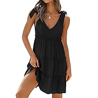ZESICA Womens Summer Casual V Neck Sleeveless Mini Dress 2024 Tie Shoulder Tiered Ruffle Swing A Line Short Sundresses