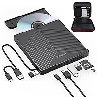 External CD DVD Drive, Ultra Slim CD Burner USB 3.0 with 4 USB Ports and 2 TF/SD Card Slots, Optical Disk Drive for Laptop Mac PC Windows 11/10/8/7 Linux OS with Carrying Case