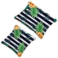 Women’s Pocket Cosmetic Bags, Waterproof Leather Makeup Bag No Zipper Self-Closing Makeup Pouch for Girls, Mini Bag for Purse - Tropical Leaves Pineapple Stripe