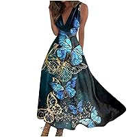 Plus Size Sundress, Plus Size Dresses for Curvy Women Fairy Dress Woman Maxi Dress Womens Trendy Sleeveless Casual V Neck Women's Fashion Floral Print Loose Line Outdoor Swing (Blue,Small)