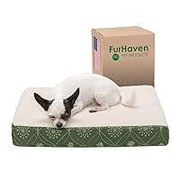 Furhaven Memory Foam Dog Bed for Small Dogs w/ Removable Washable Cover, For Dogs Up to 20 lbs - Sherpa & Flannel Paw Print Deluxe Mattress - Jade Green, Small