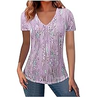 V Neck T Shirts for Women Plus Size Short Sleeve Tunic Tops Casual Summer Trendy Floral Print Blouses Loose Fit Pullover Tee