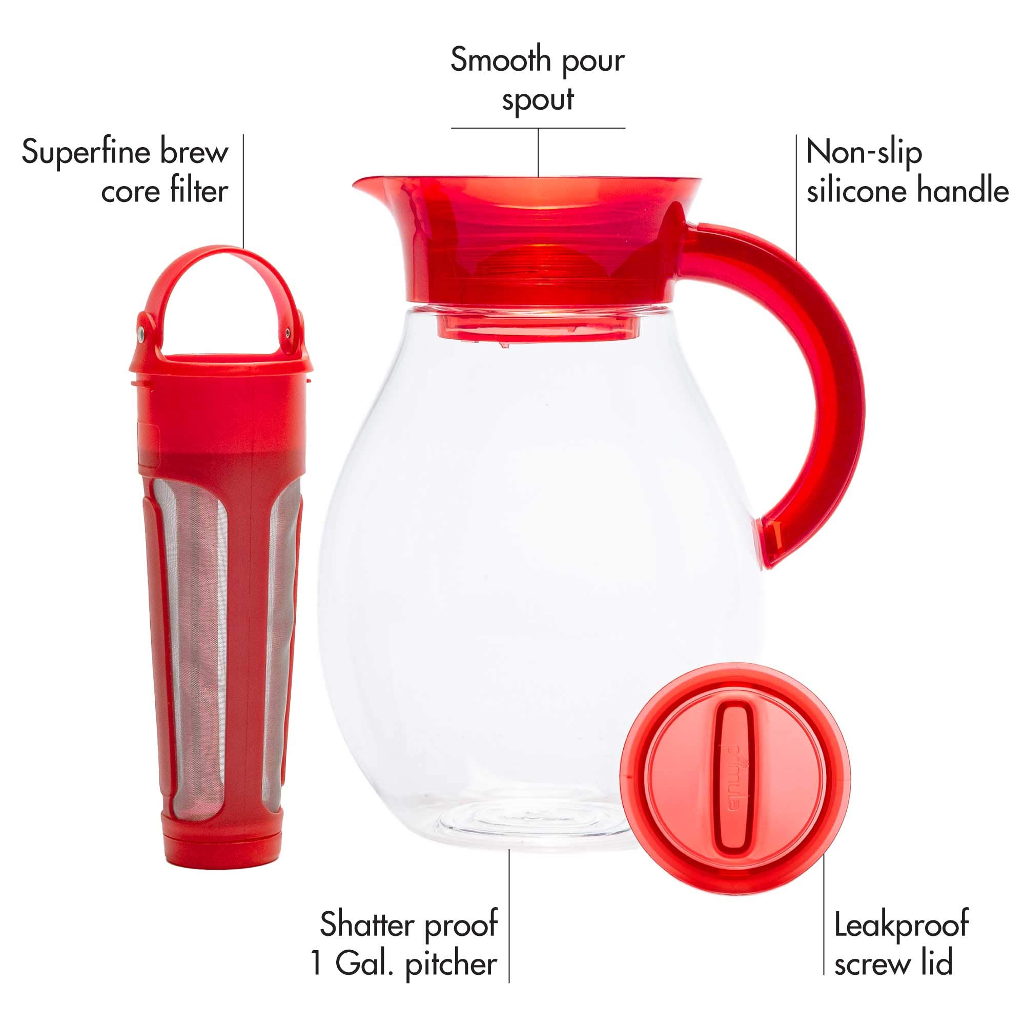 Primula The Big Iced Tea Maker Tritan Plastic Infusion Beverage Pitcher with Leak Proof, Airtight Lid, Fine Mesh Resuable Filter, Manufactured without PFOA, Dishwasher Safe, 1-Gallon, Red