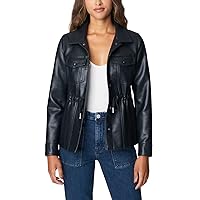 [BLANKNYC] womens Black Vegan Leather Jacket With Drawcord Belted Detail and Pockets