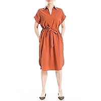 Max Studio Women's Tab Short Sleeve V-Neck Collar Dress with Waist Tie Detail